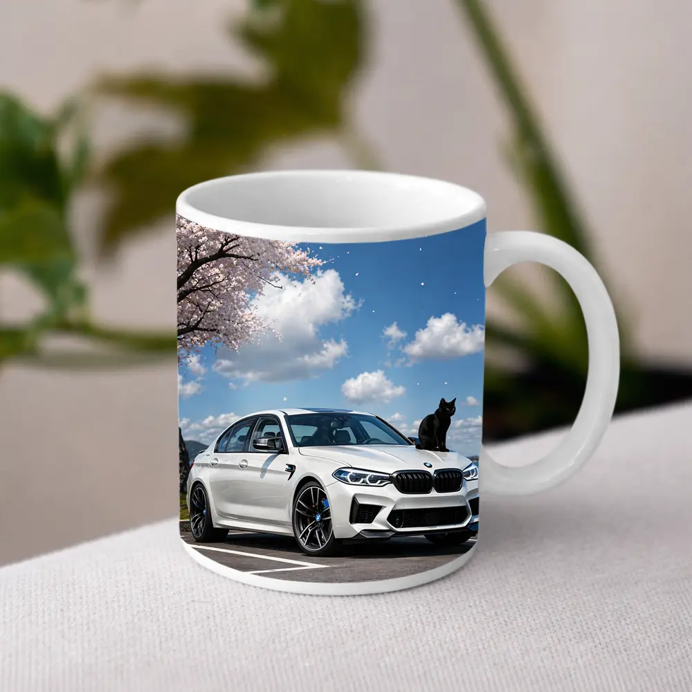 White BMW M5 Black Cat Cherry Blossoms – Mugs