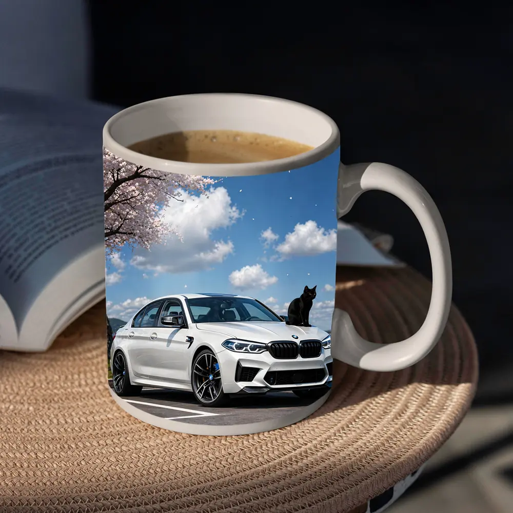White BMW M5 Black Cat Cherry Blossoms – Mugs