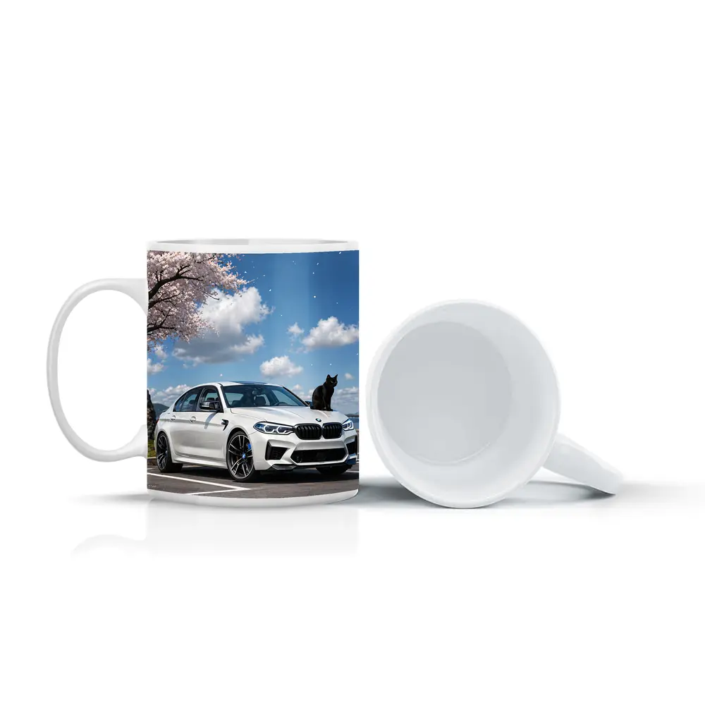 White BMW M5 Black Cat Cherry Blossoms – Mugs