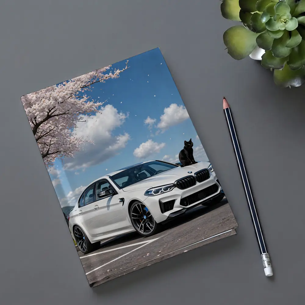 White BMW M5 Black Cat Cherry Blossoms – Notebooks