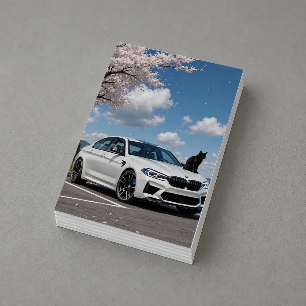 White BMW M5 Black Cat Cherry Blossoms – Postcards