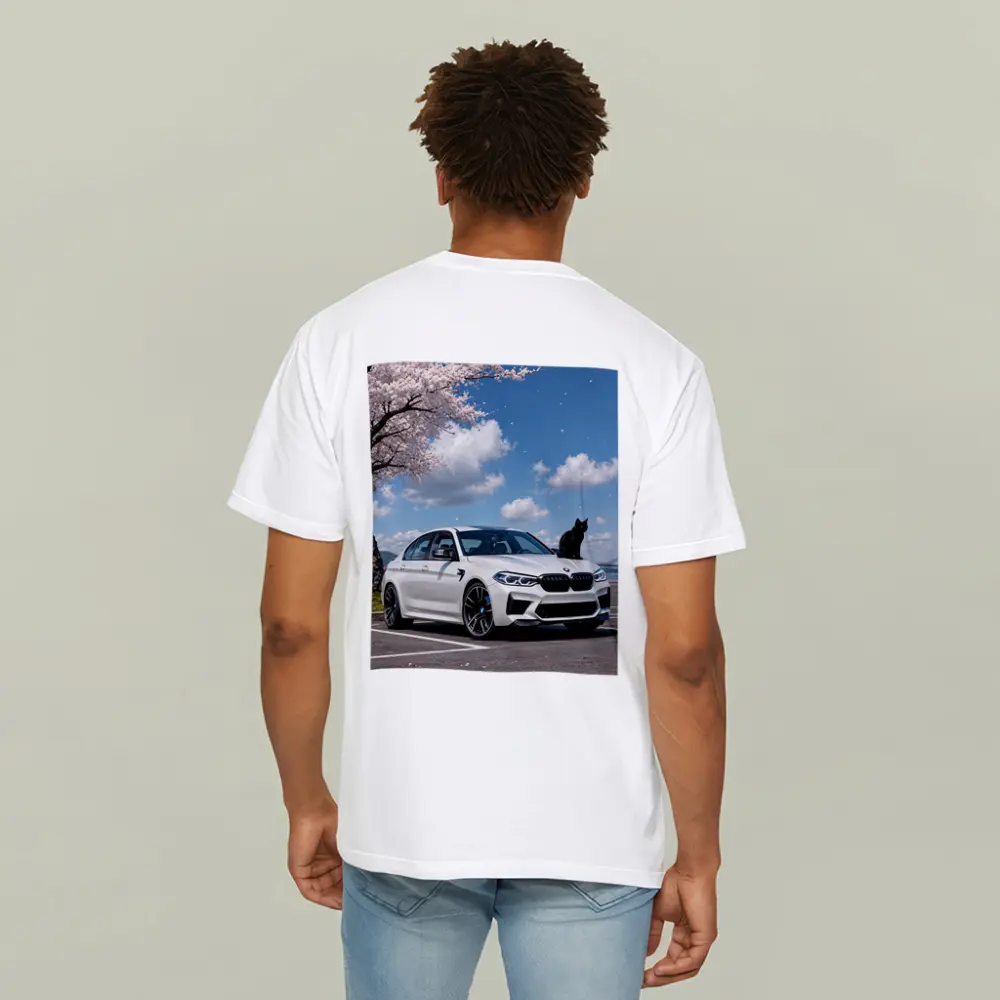 White BMW M5 Black Cat Cherry Blossoms – T-Shirts