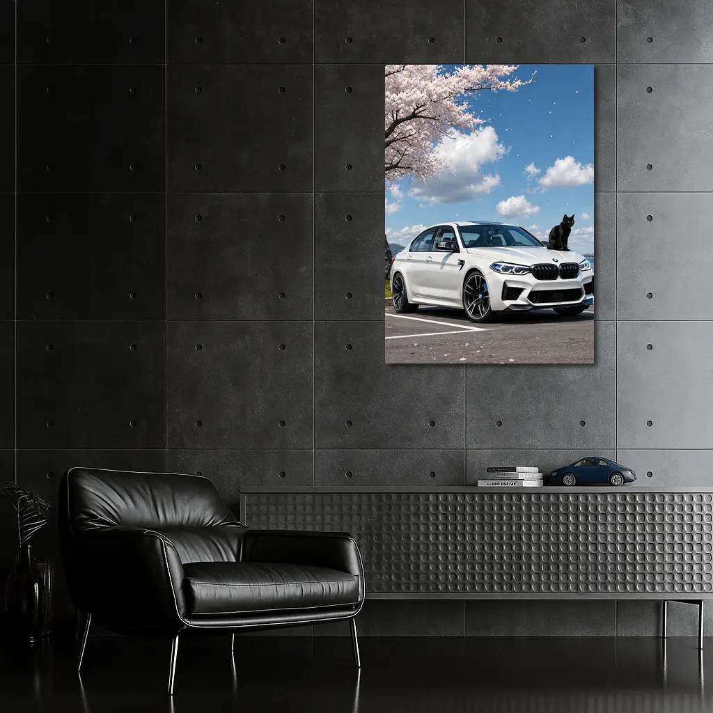 White BMW M5 Black Cat Cherry Blossoms – Wall Art