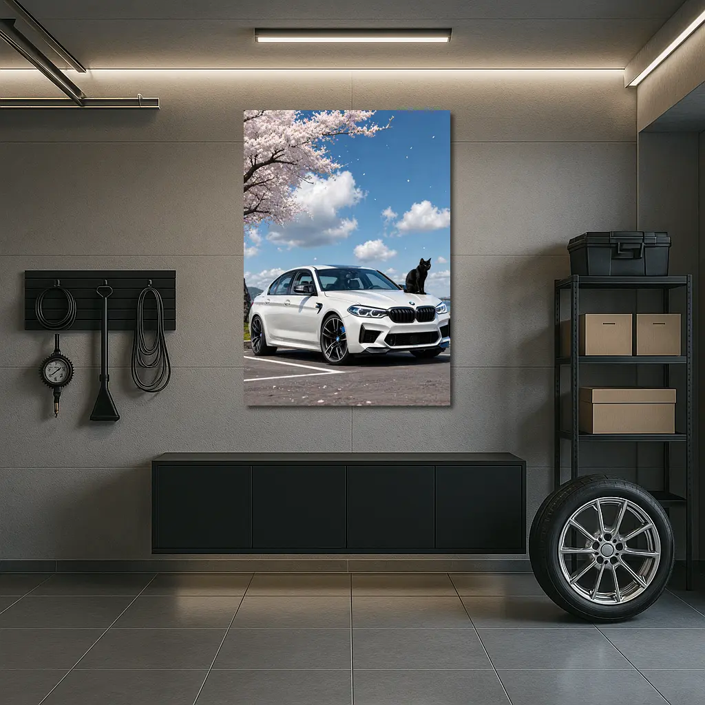 White BMW M5 Black Cat Cherry Blossoms – Wall Art