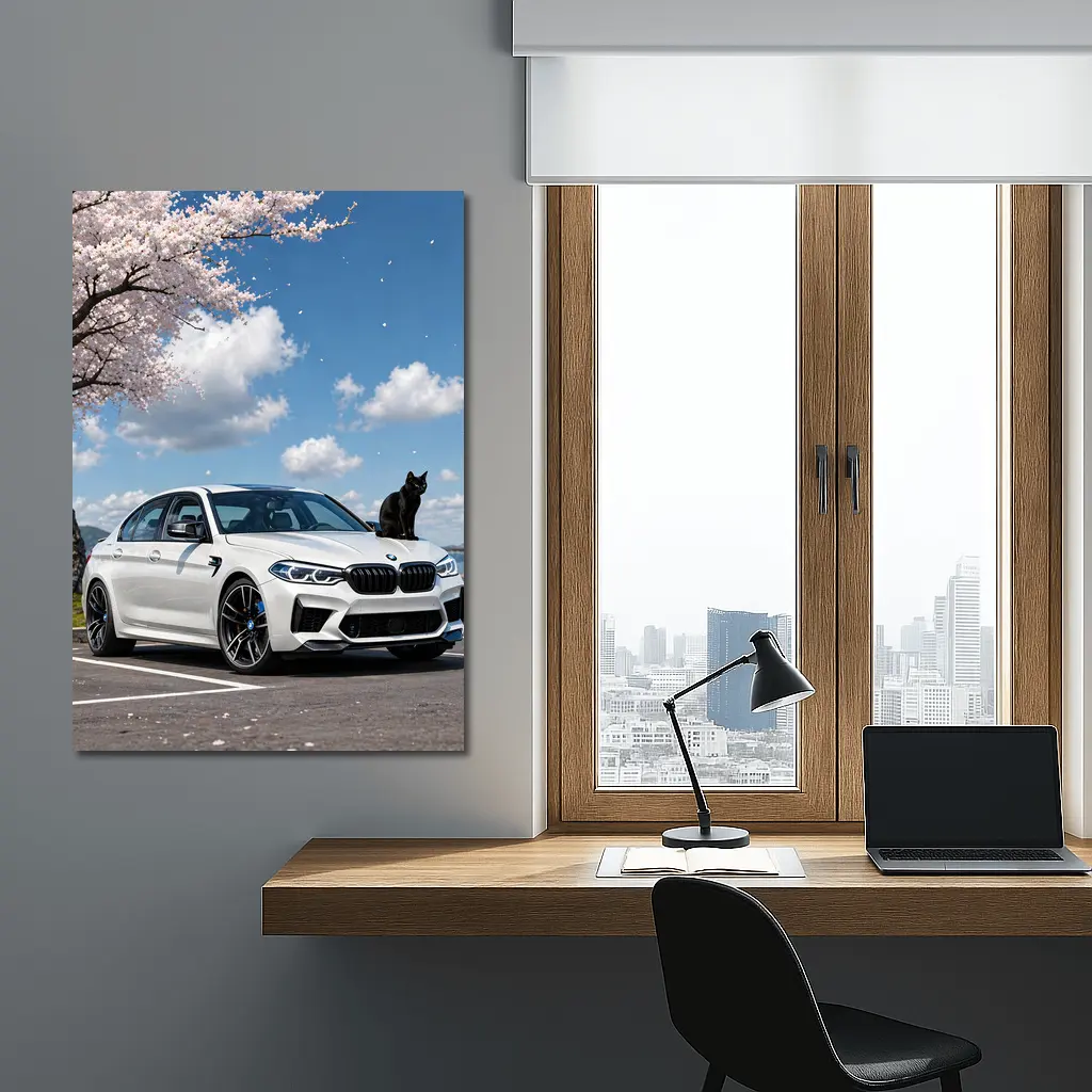 White BMW M5 Black Cat Cherry Blossoms – Wall Art