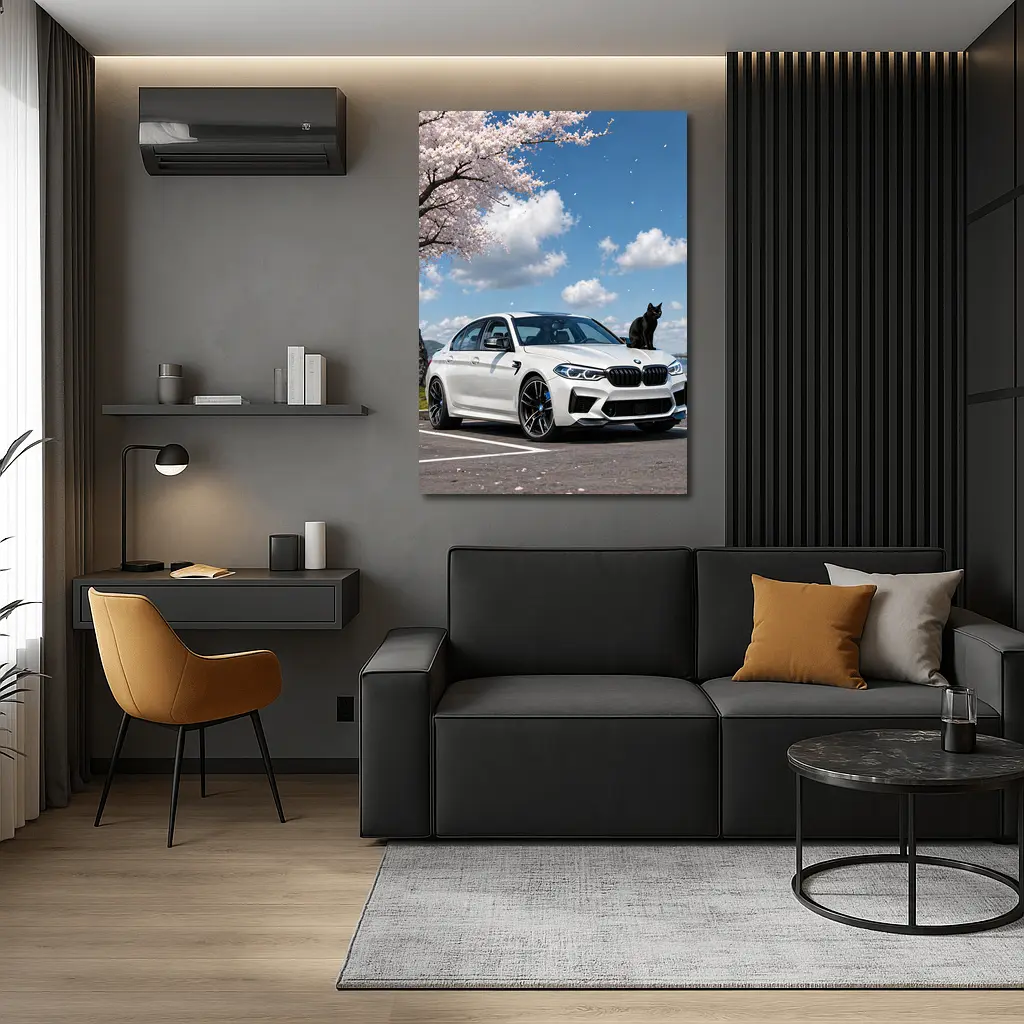 White BMW M5 Black Cat Cherry Blossoms – Wall Art