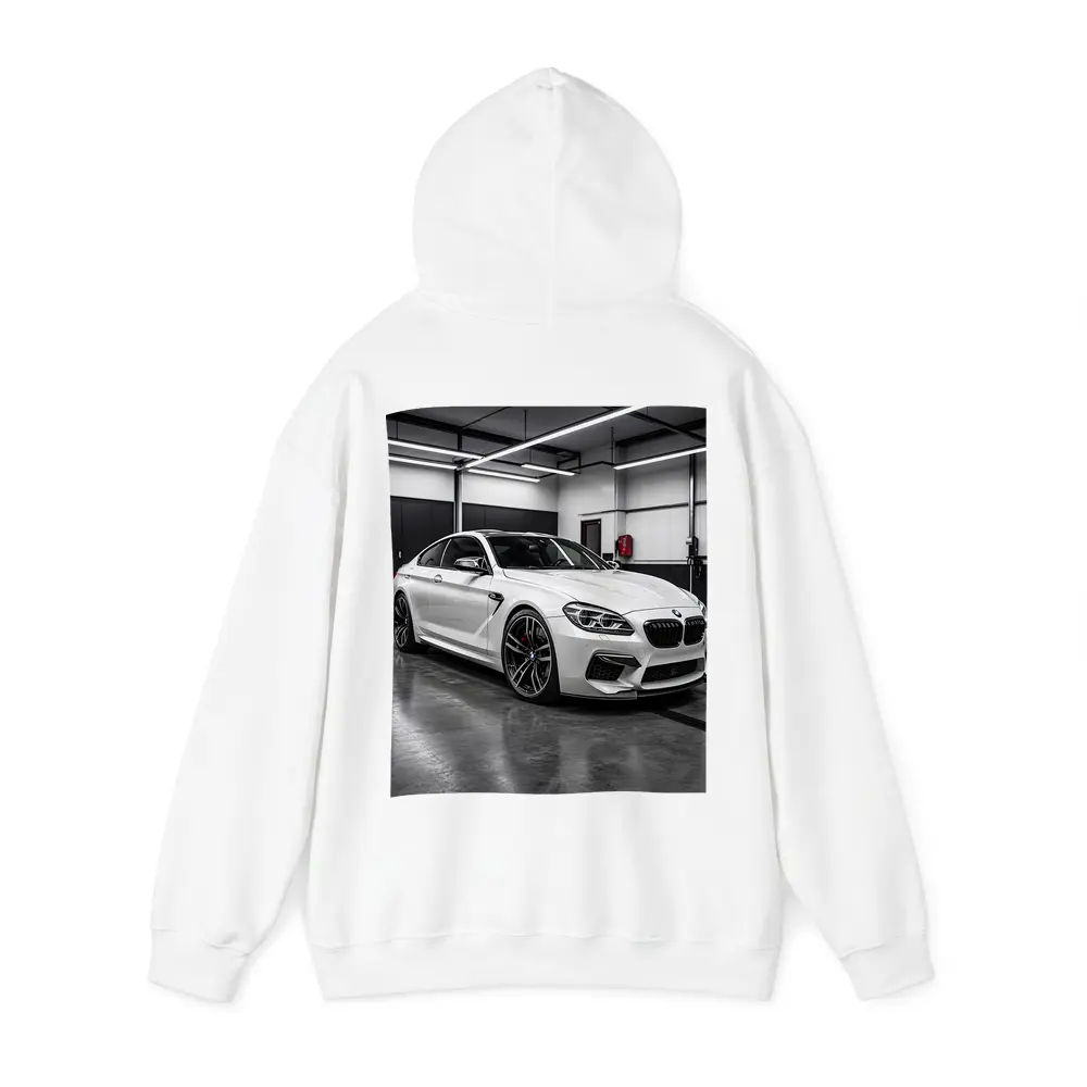 White BMW M6 Parked in Garage – Hoodies
