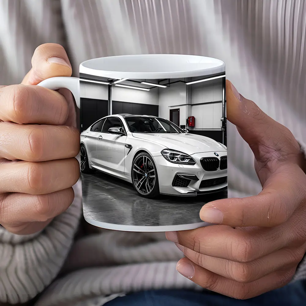 White BMW M6 Parked in Garage – Mugs