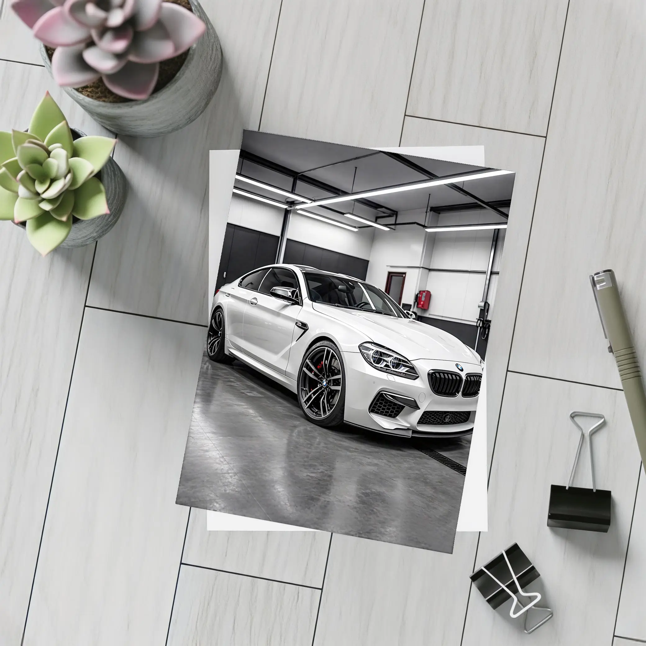 White BMW M6 Parked in Garage – Postcards