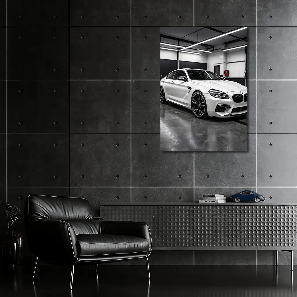 White BMW M6 Parked in Garage – Wall Art