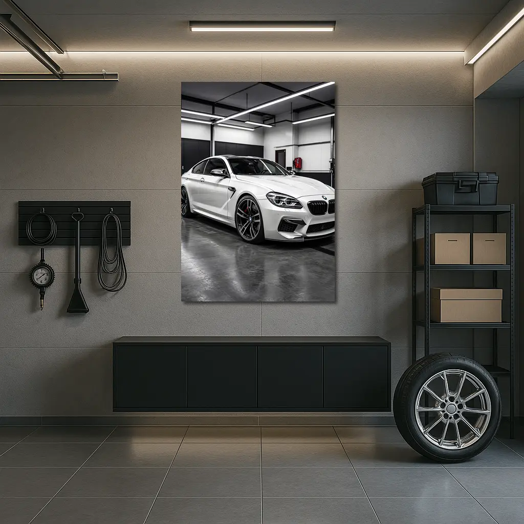 White BMW M6 Parked in Garage – Wall Art