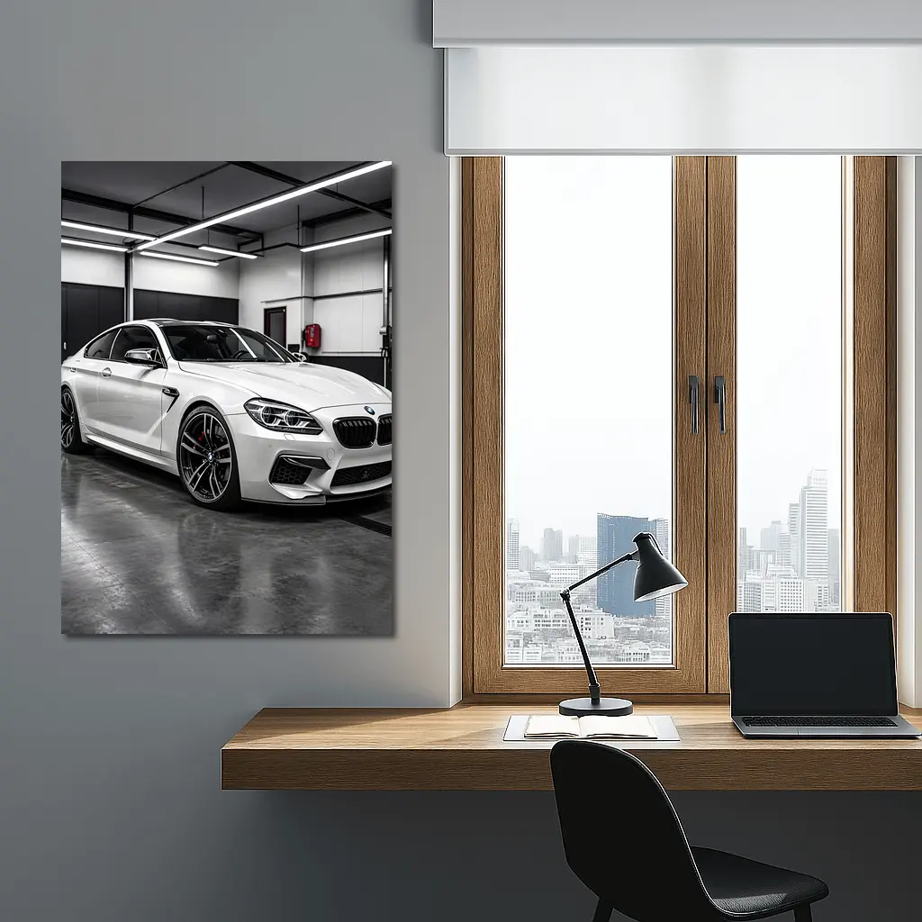 White BMW M6 Parked in Garage – Wall Art