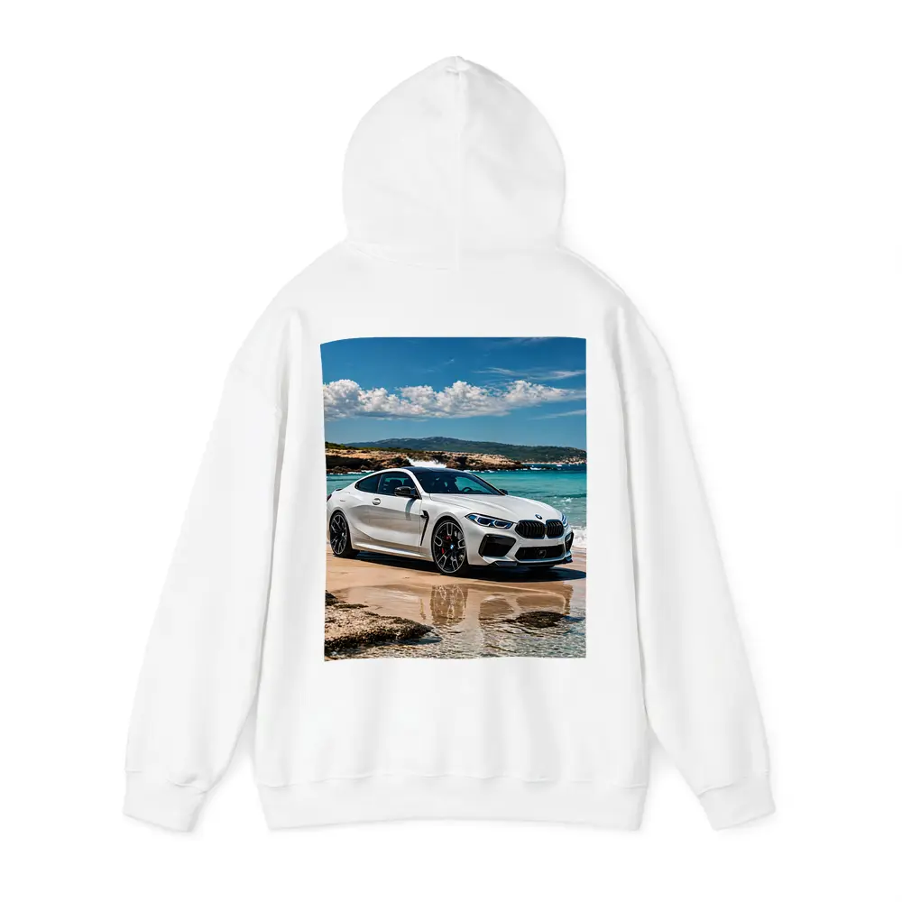 White BMW M8 Parked on Sunny Beach – Hoodies