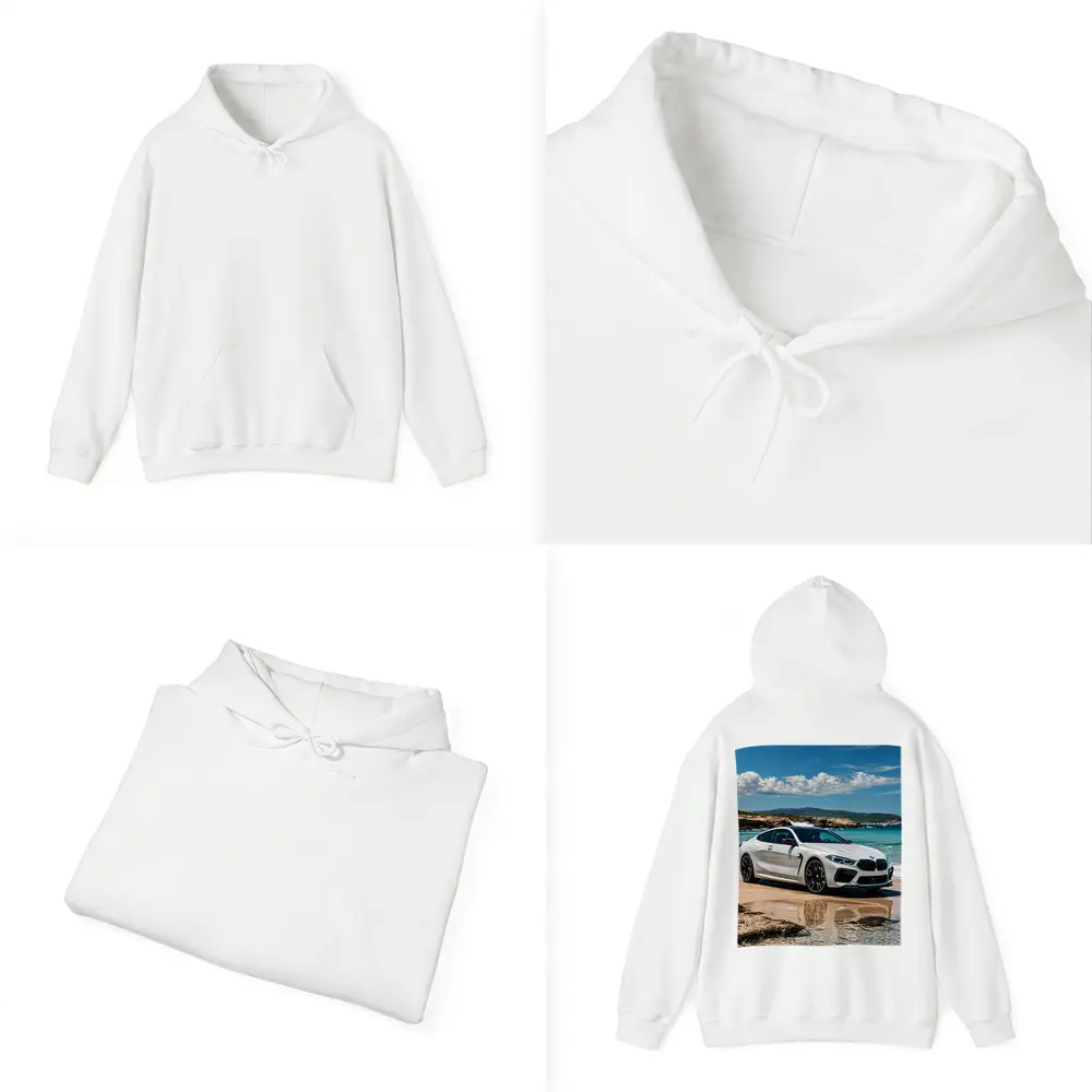 White BMW M8 Parked on Sunny Beach – Hoodies