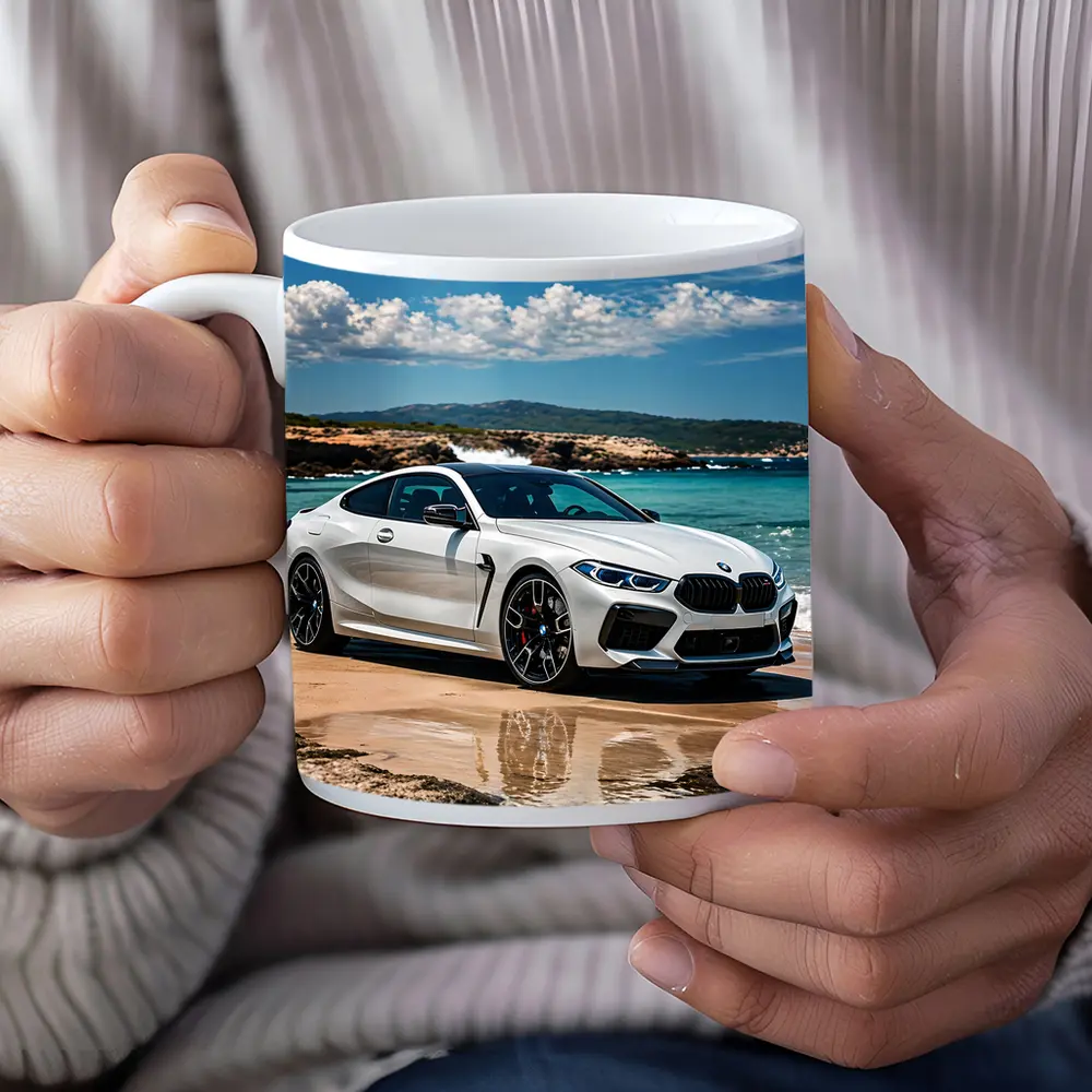 White BMW M8 Parked on Sunny Beach – Mugs