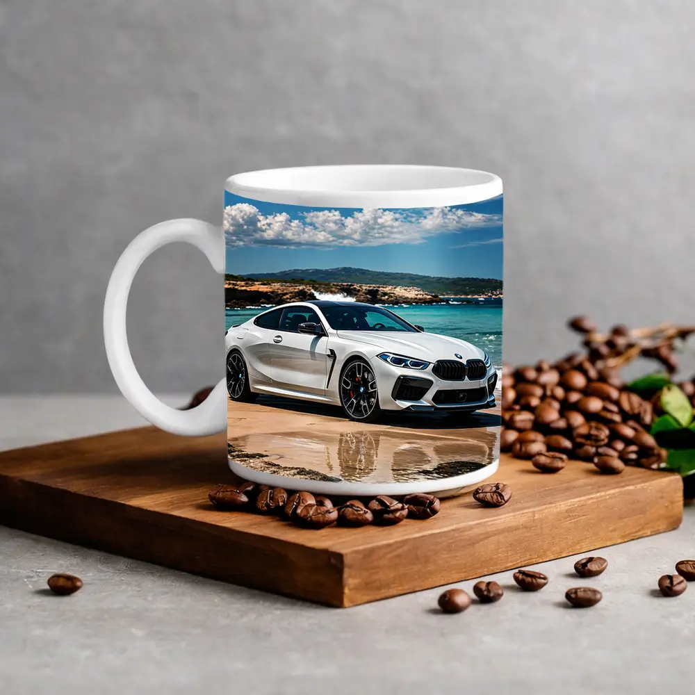 White BMW M8 Parked on Sunny Beach – Mugs