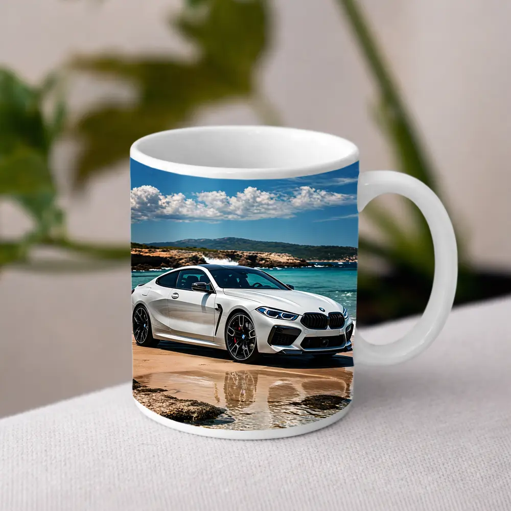White BMW M8 Parked on Sunny Beach – Mugs