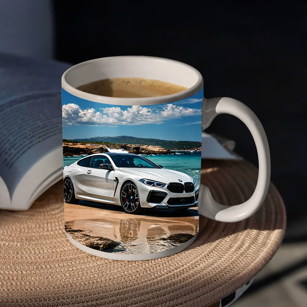 White BMW M8 Parked on Sunny Beach – Mugs