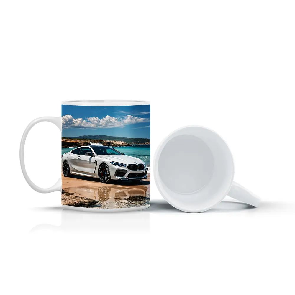 White BMW M8 Parked on Sunny Beach – Mugs