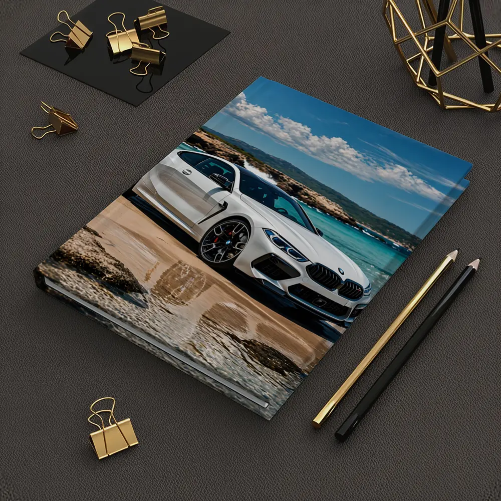 White BMW M8 Parked on Sunny Beach – Notebooks