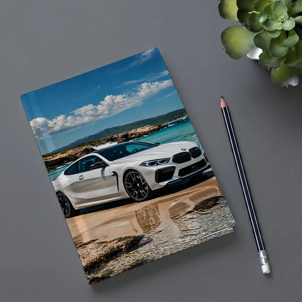 White BMW M8 Parked on Sunny Beach – Notebooks