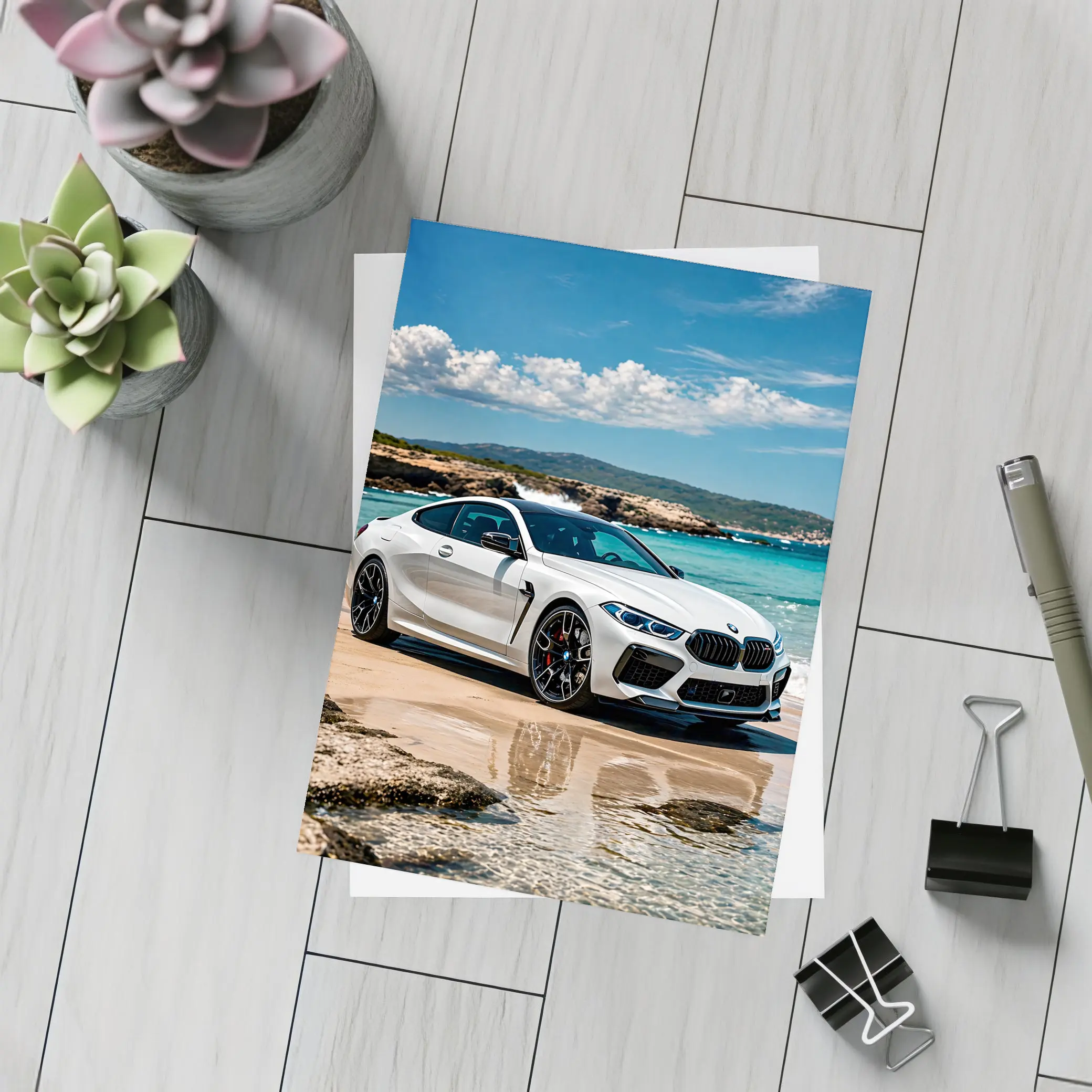 White BMW M8 Parked on Sunny Beach – Postcards