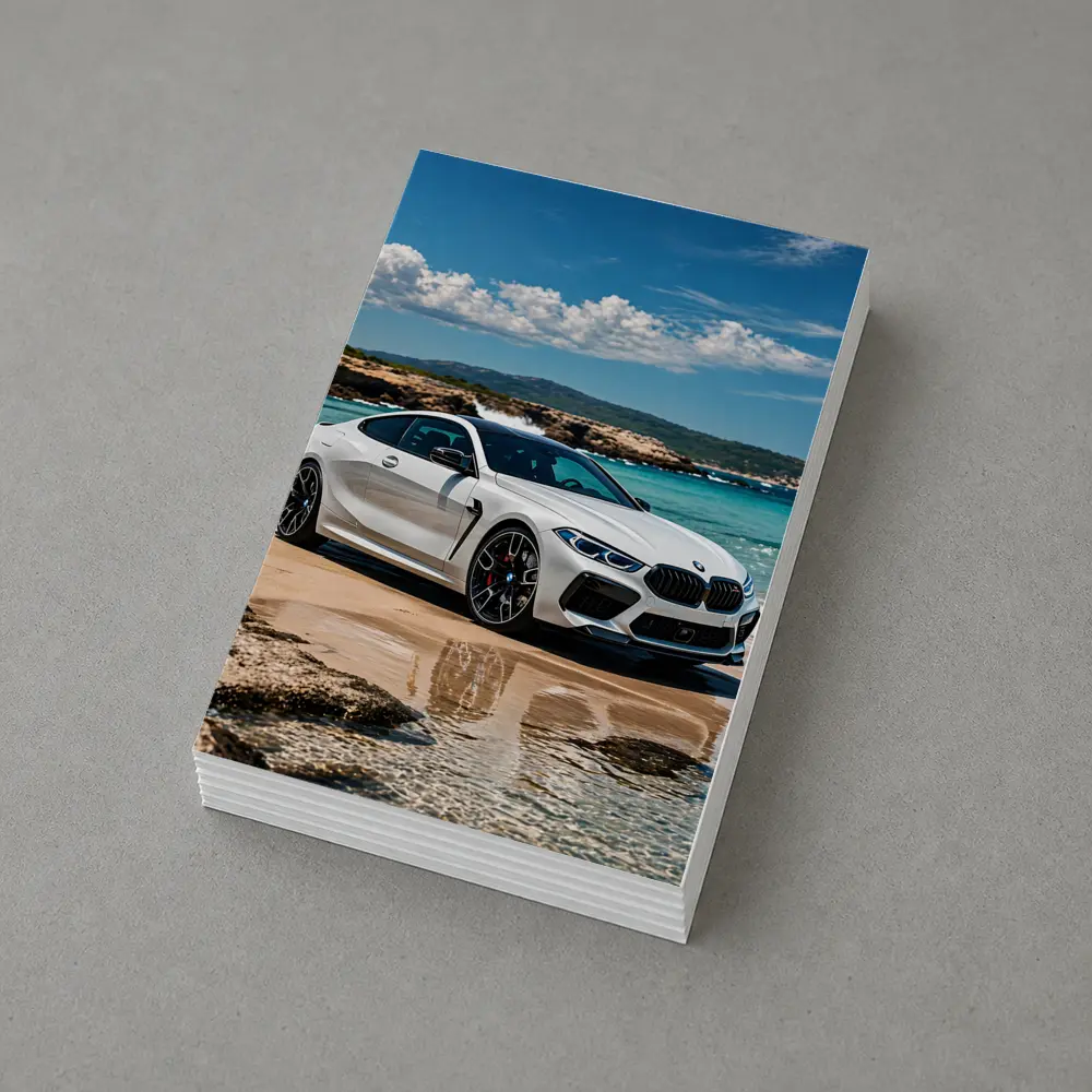 White BMW M8 Parked on Sunny Beach – Postcards