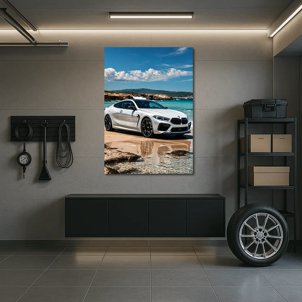 White BMW M8 Parked on Sunny Beach – Wall Art