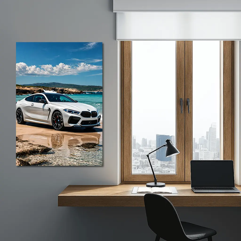 White BMW M8 Parked on Sunny Beach – Wall Art