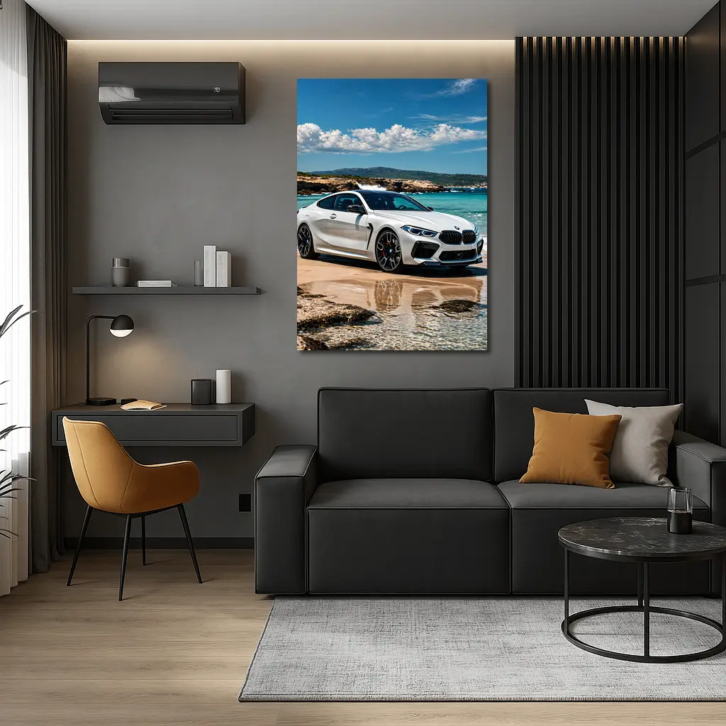 White BMW M8 Parked on Sunny Beach – Wall Art