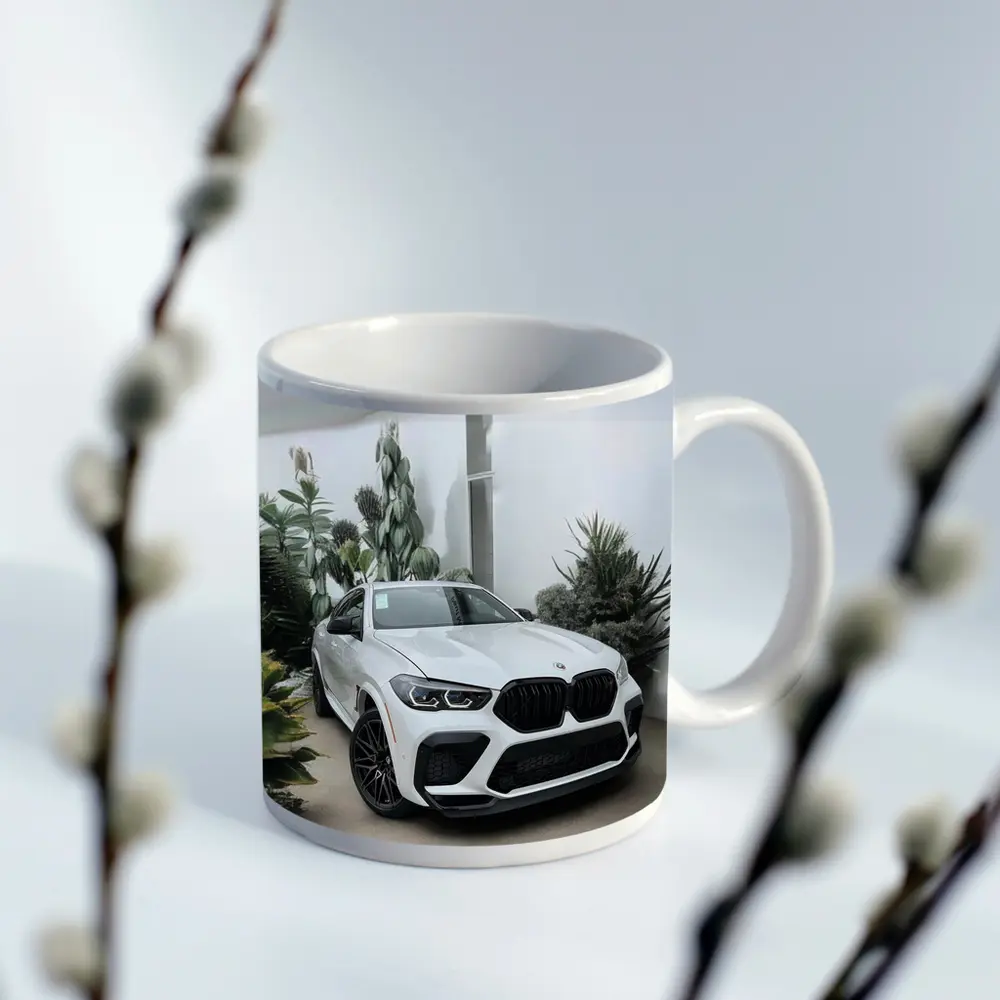 BMW X6 M White SUV Plants Background – Mugs
