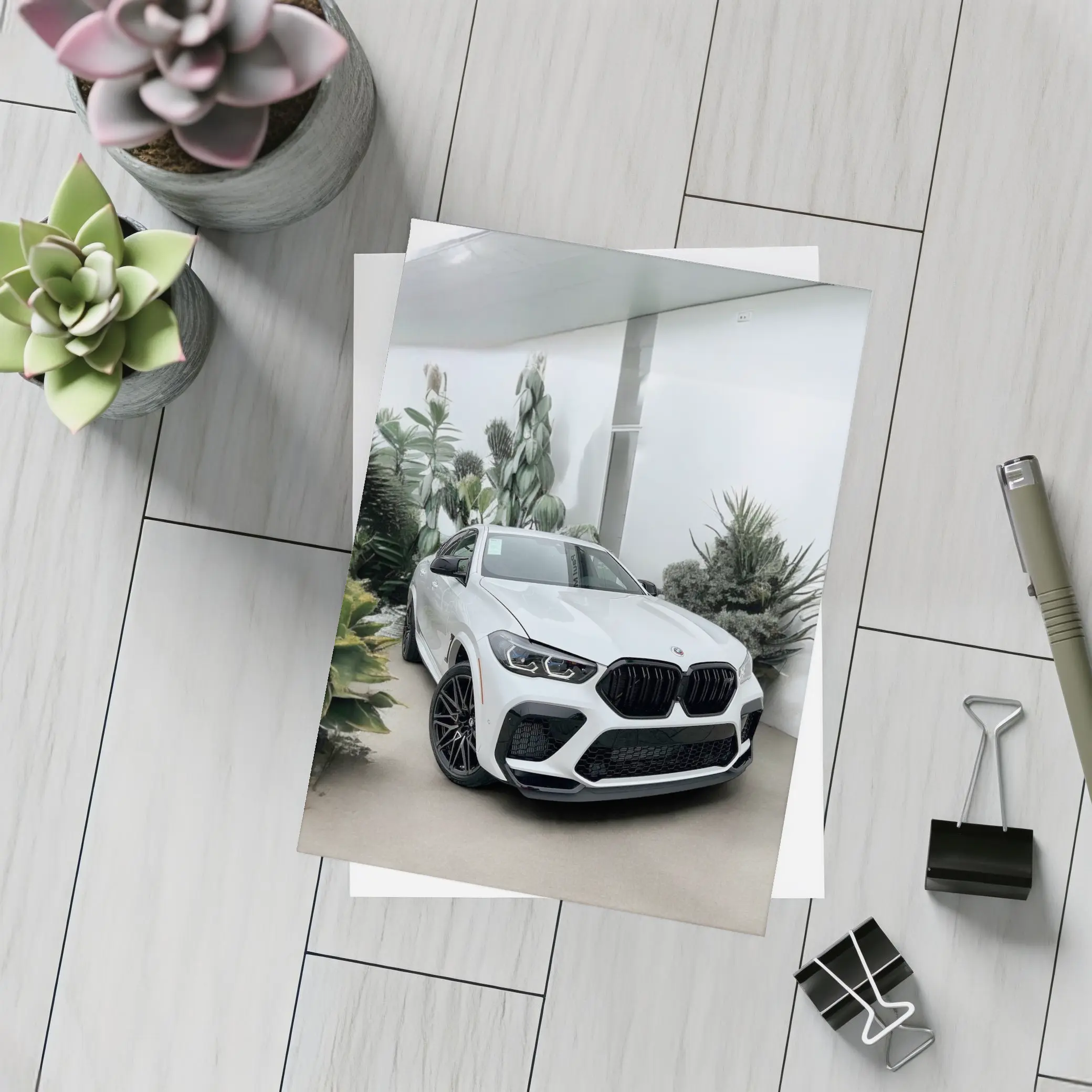BMW X6 M White SUV Plants Background – Postcards