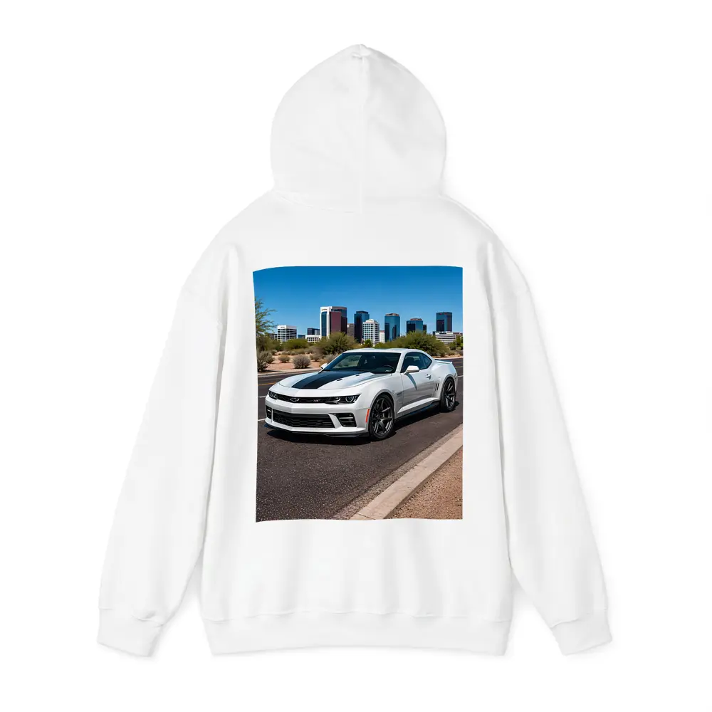 White Chevrolet Camaro City Skyline Background – Hoodies
