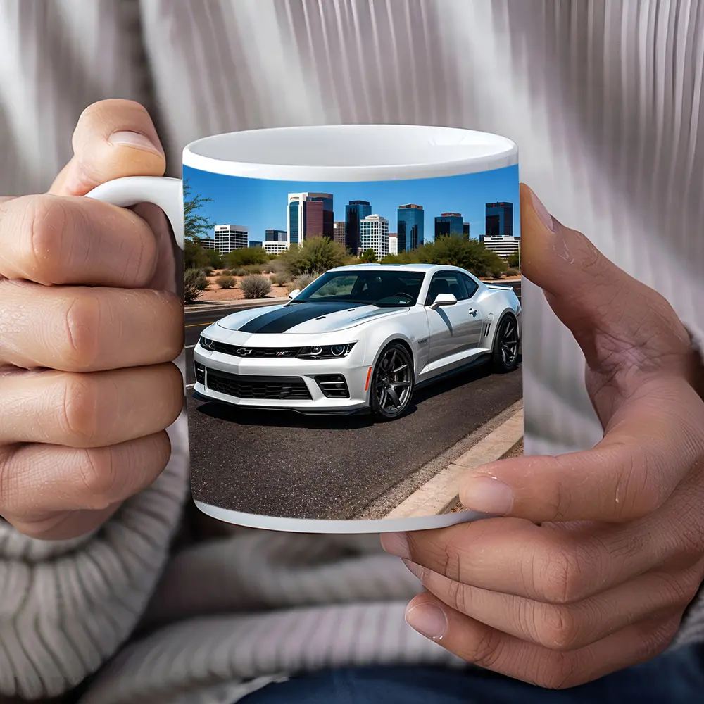 White Chevrolet Camaro City Skyline Background – Mugs