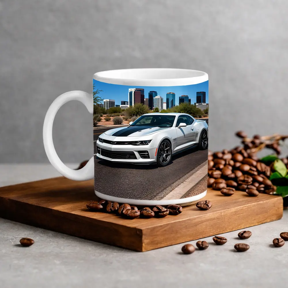 White Chevrolet Camaro City Skyline Background – Mugs