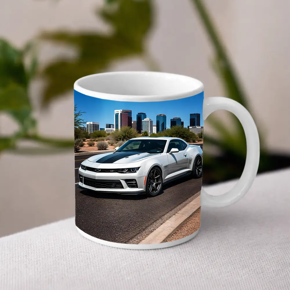 White Chevrolet Camaro City Skyline Background – Mugs