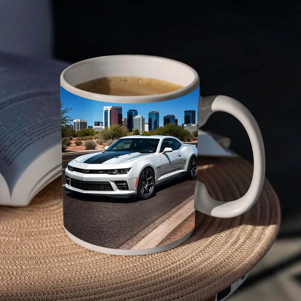 White Chevrolet Camaro City Skyline Background – Mugs