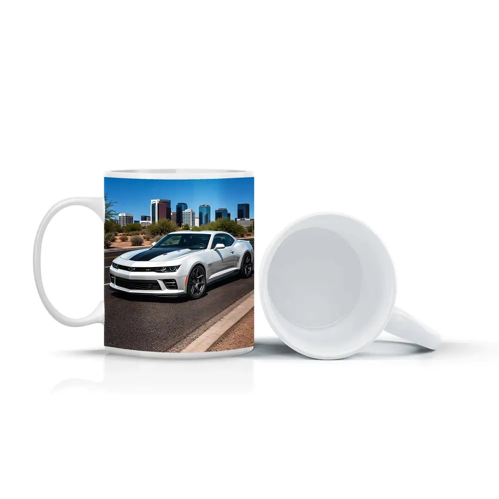 White Chevrolet Camaro City Skyline Background – Mugs