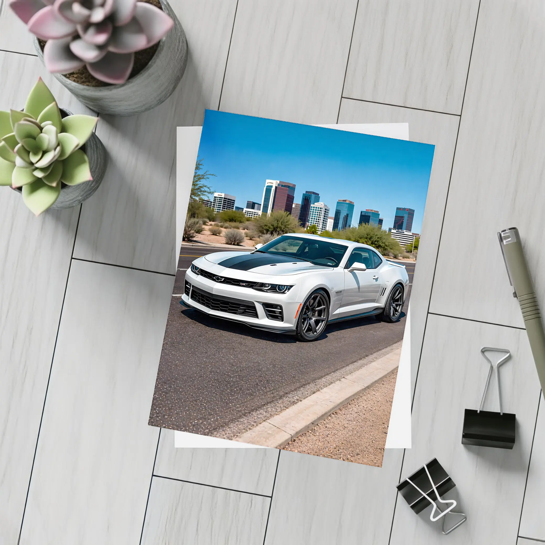 White Chevrolet Camaro City Skyline Background – Postcards