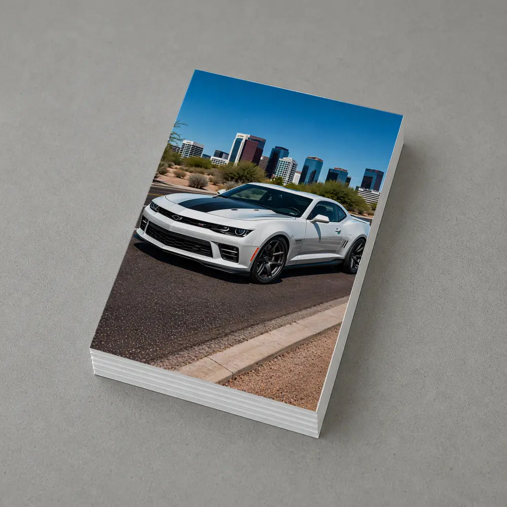 White Chevrolet Camaro City Skyline Background – Postcards