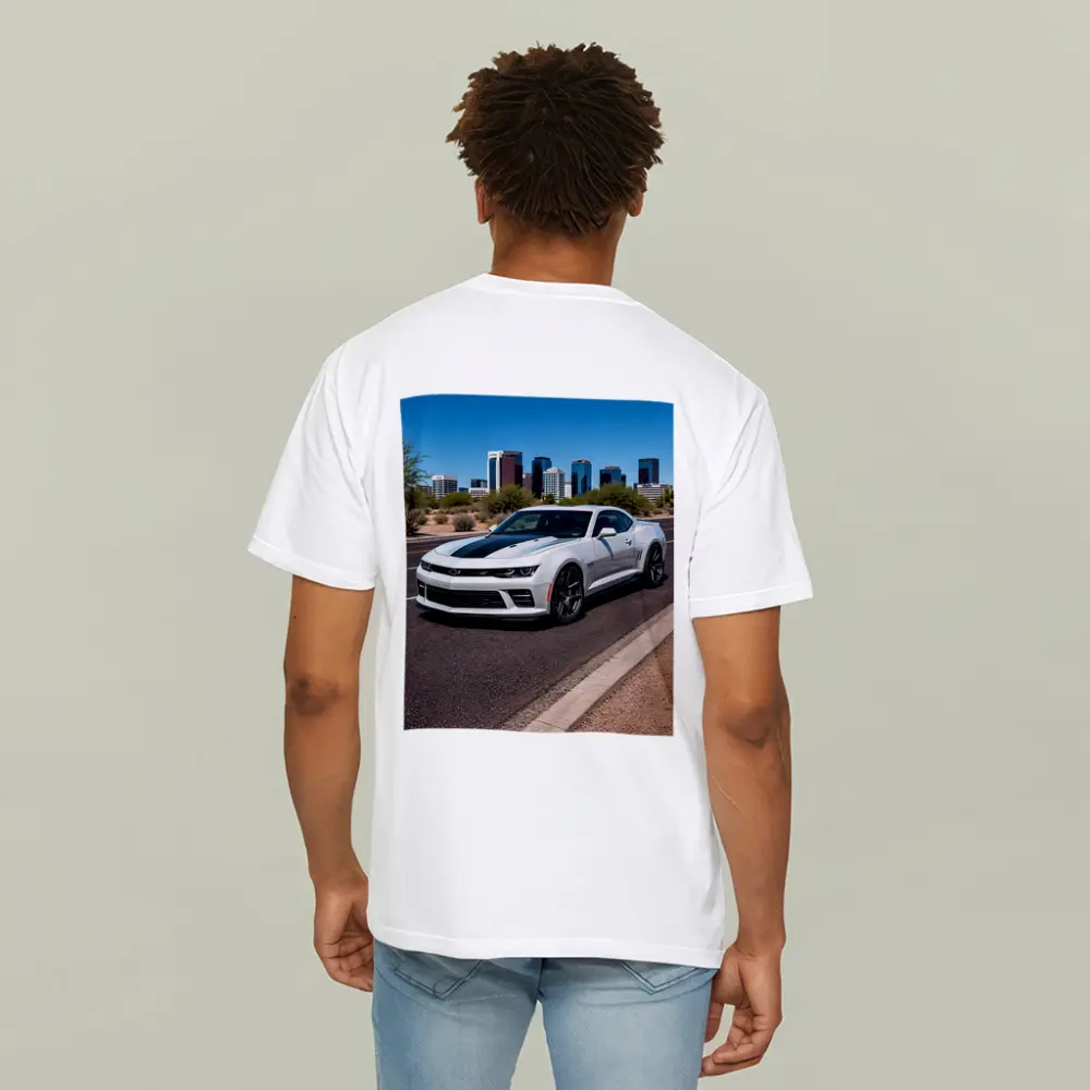 White Chevrolet Camaro City Skyline Background – T-Shirts