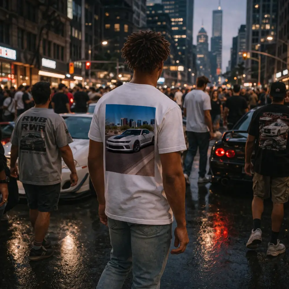 White Chevrolet Camaro City Skyline Background – T-Shirts