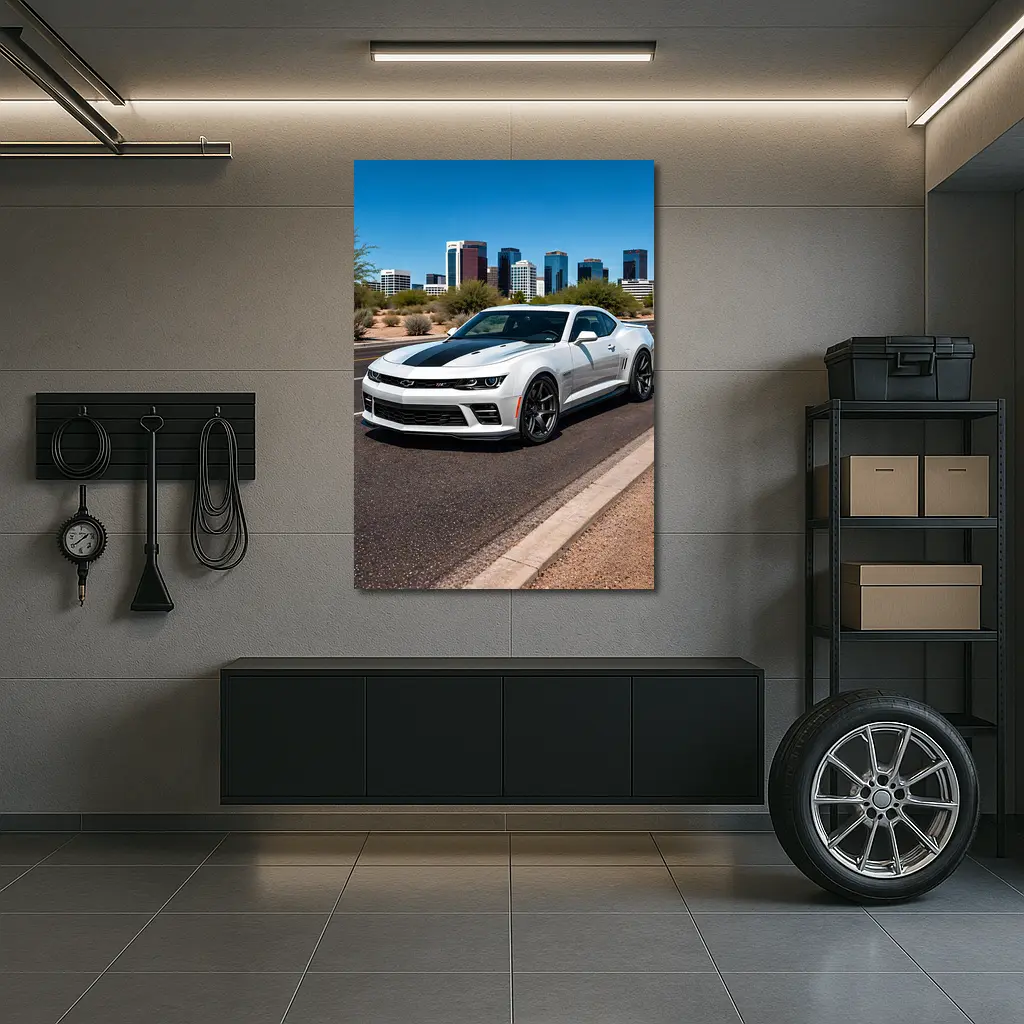 White Chevrolet Camaro City Skyline Background – Wall Art