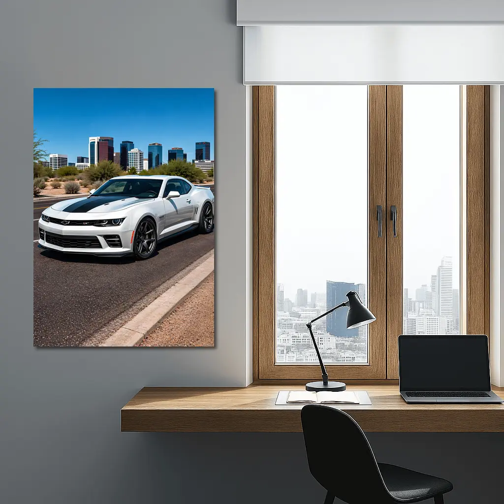 White Chevrolet Camaro City Skyline Background – Wall Art