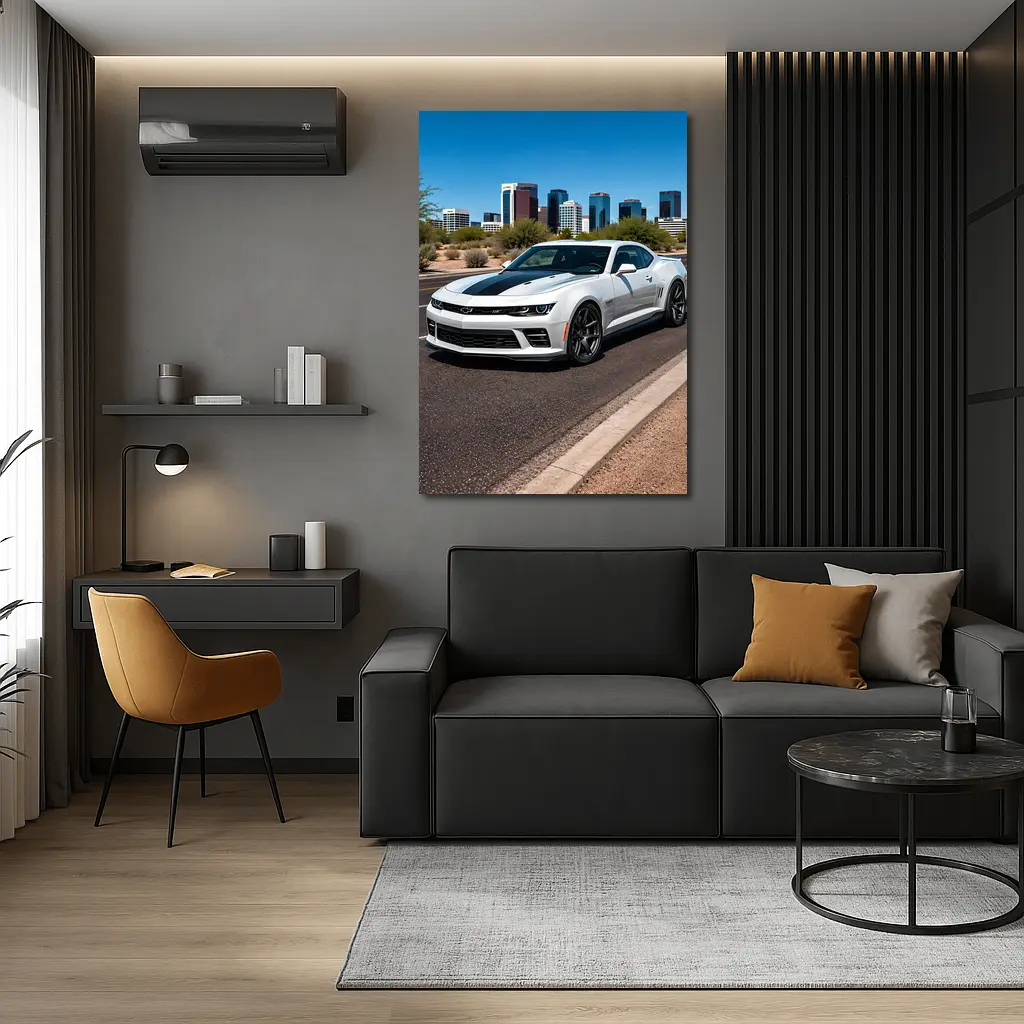 White Chevrolet Camaro City Skyline Background – Wall Art