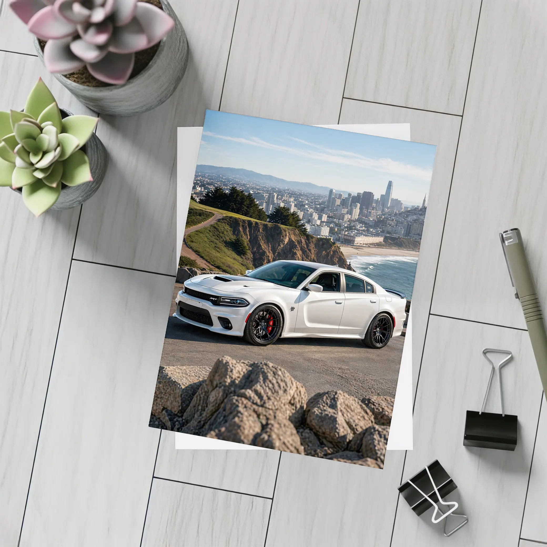 White Dodge Charger SRT San Francisco Skyline – Postcards