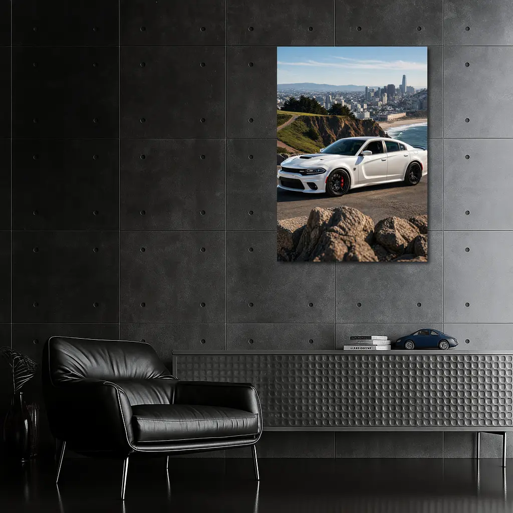 White Dodge Charger SRT San Francisco Skyline – Wall Art