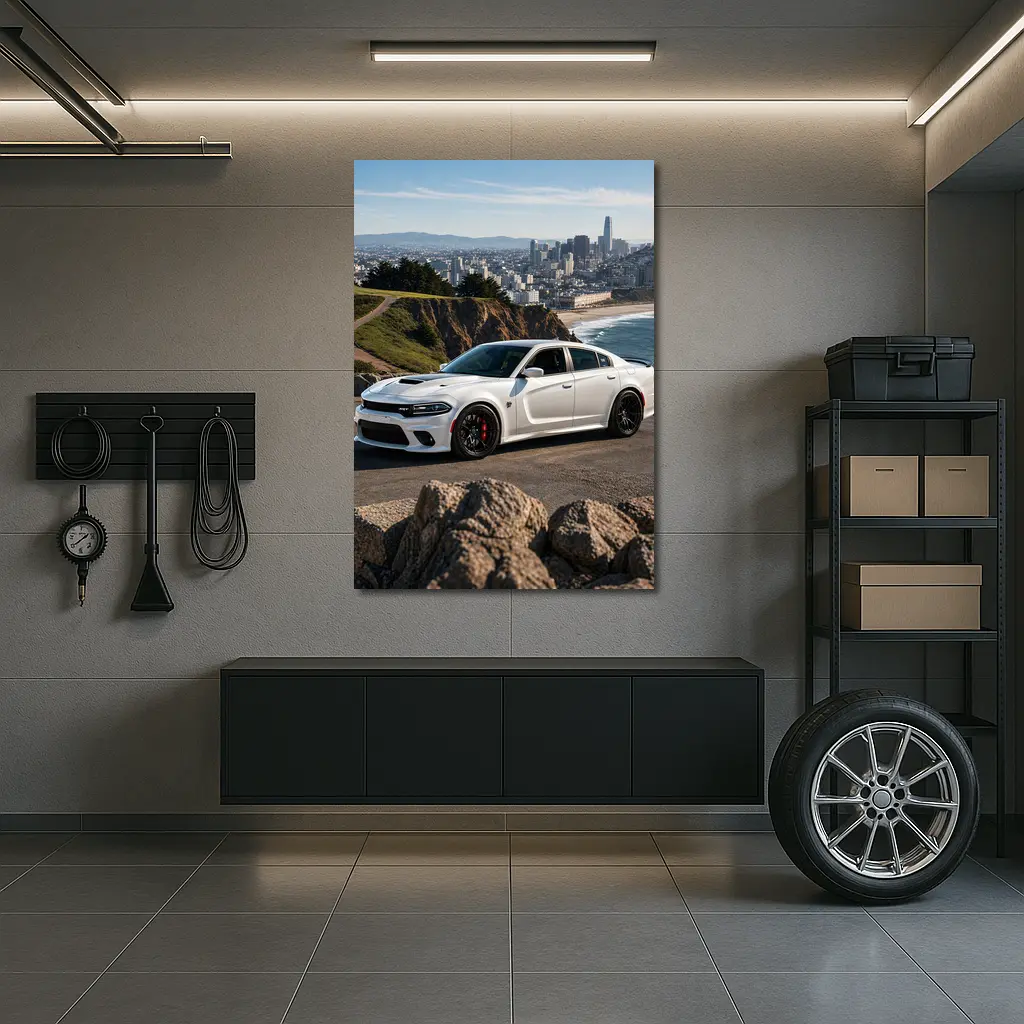 White Dodge Charger SRT San Francisco Skyline – Wall Art