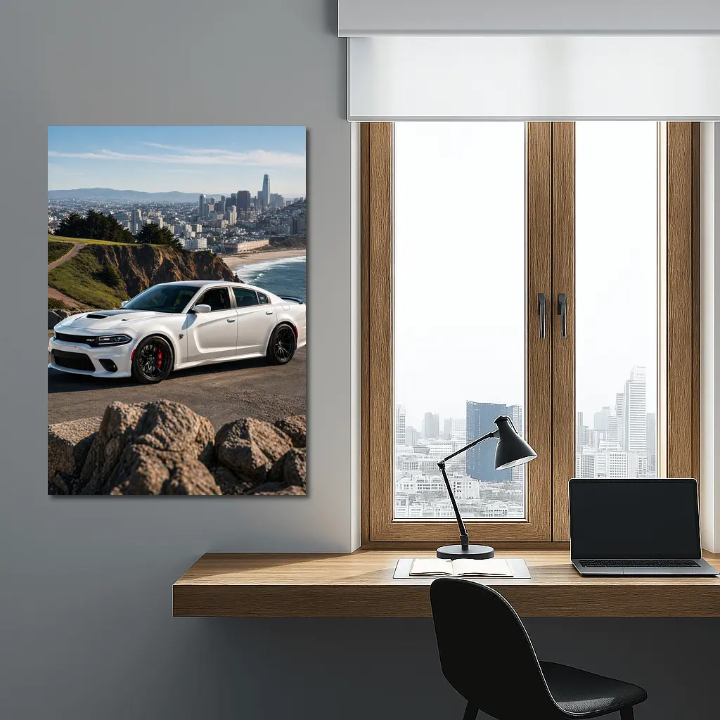 White Dodge Charger SRT San Francisco Skyline – Wall Art