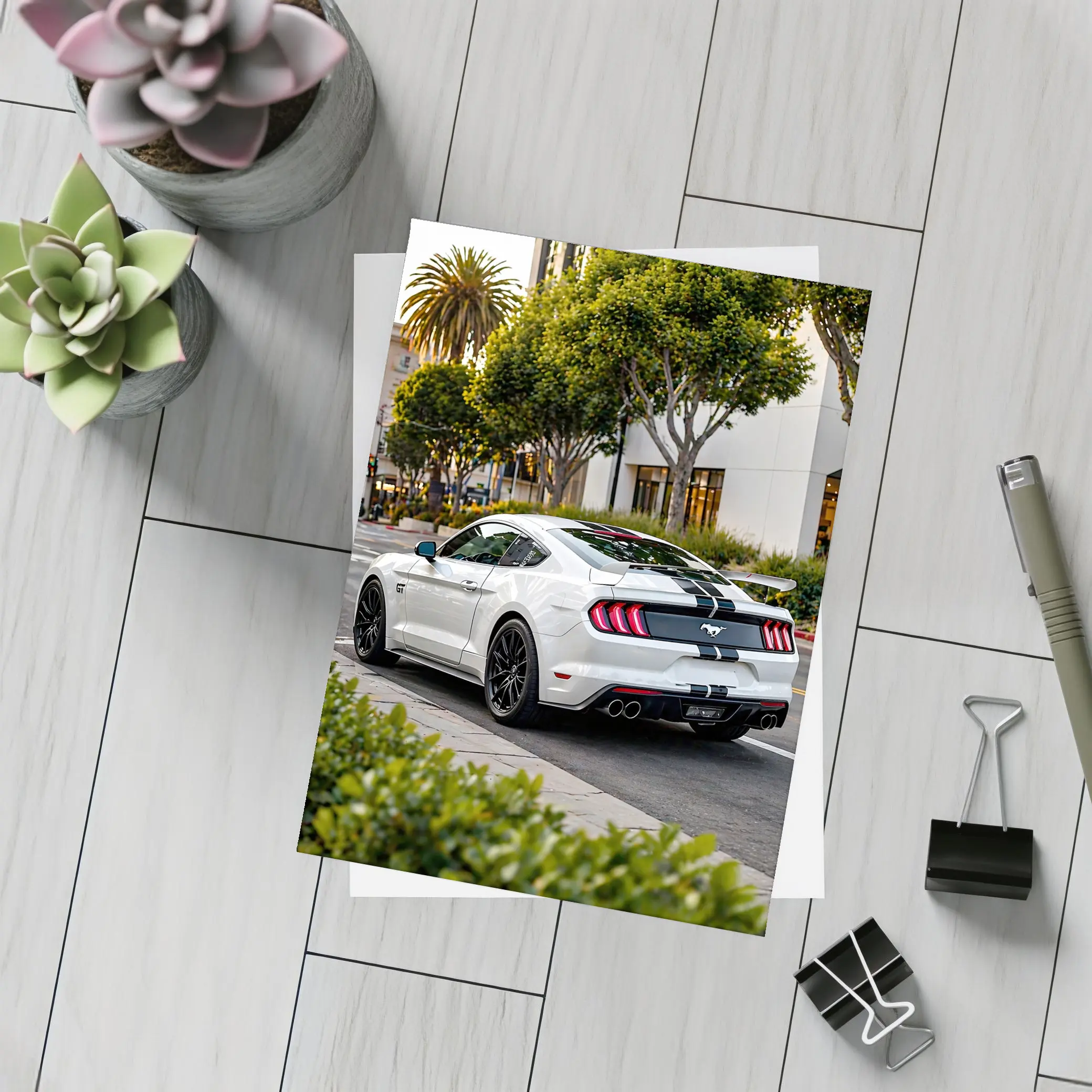 White Ford Mustang GT City Street – Postcards